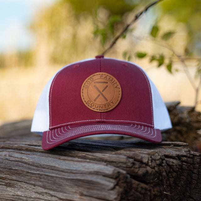 Red "God. Family. Country." Leather Patch Hat