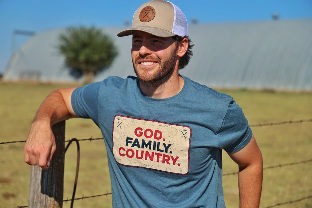 
                  
                    Khaki "God. Family. Country." Leather Patch Hat
                  
                